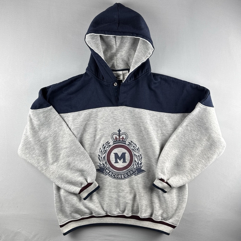 Vintage 90s Colorblock Crest Logo Hoodie XL Navy Grey Pullover MacGregor